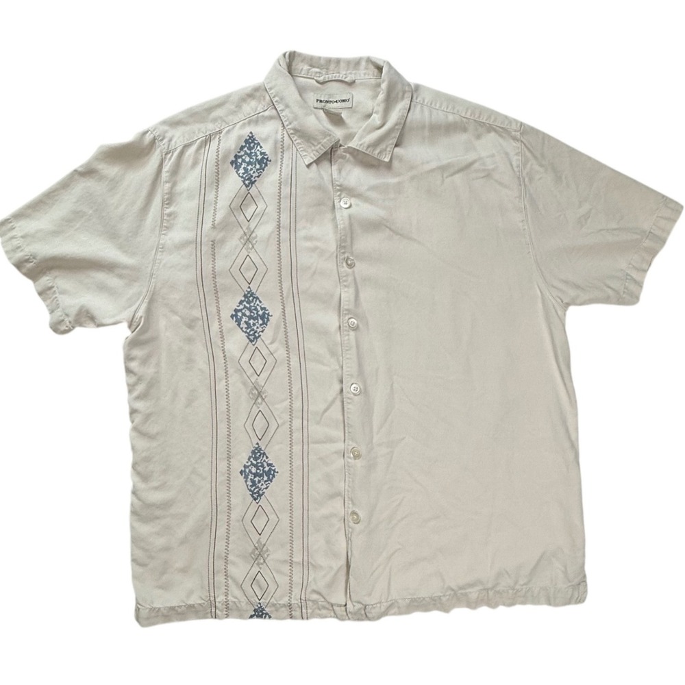 Pronto Uomo Mens XXL Silk Short Sleeve Button Down Shirt Beige Embroidered Camp